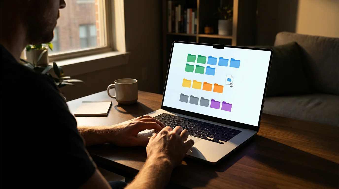 Over-the-shoulder view of hands organizing digital file folders on a laptop screen.