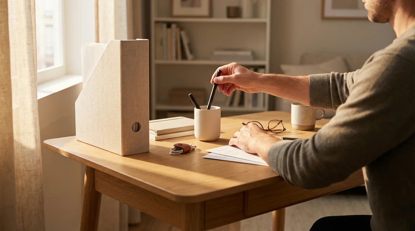 Over-the-shoulder view of hands tidying a small, organized desk during golden hour.