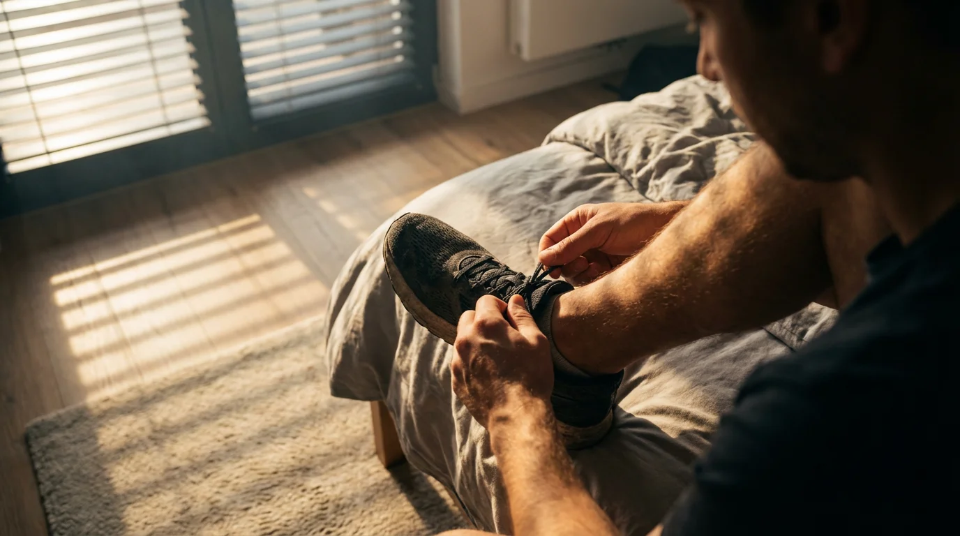 Over-the-shoulder view of hands tying a running shoe in dramatic afternoon light.