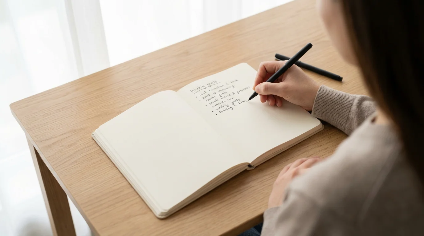 Over-the-shoulder view of hands writing weekly SMART goals in a minimalist planner on a clean desk.
