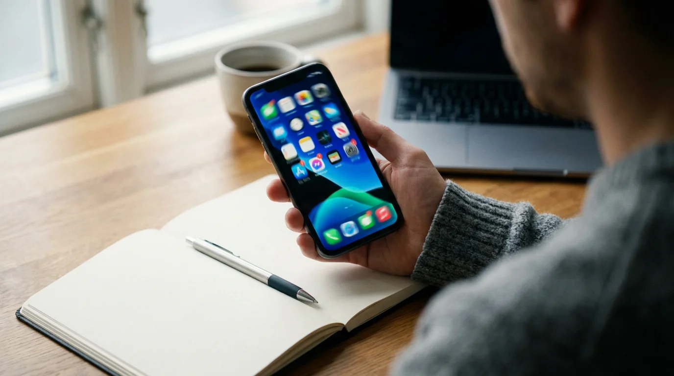 Over-the-shoulder view of office worker checking smartphone notifications during work