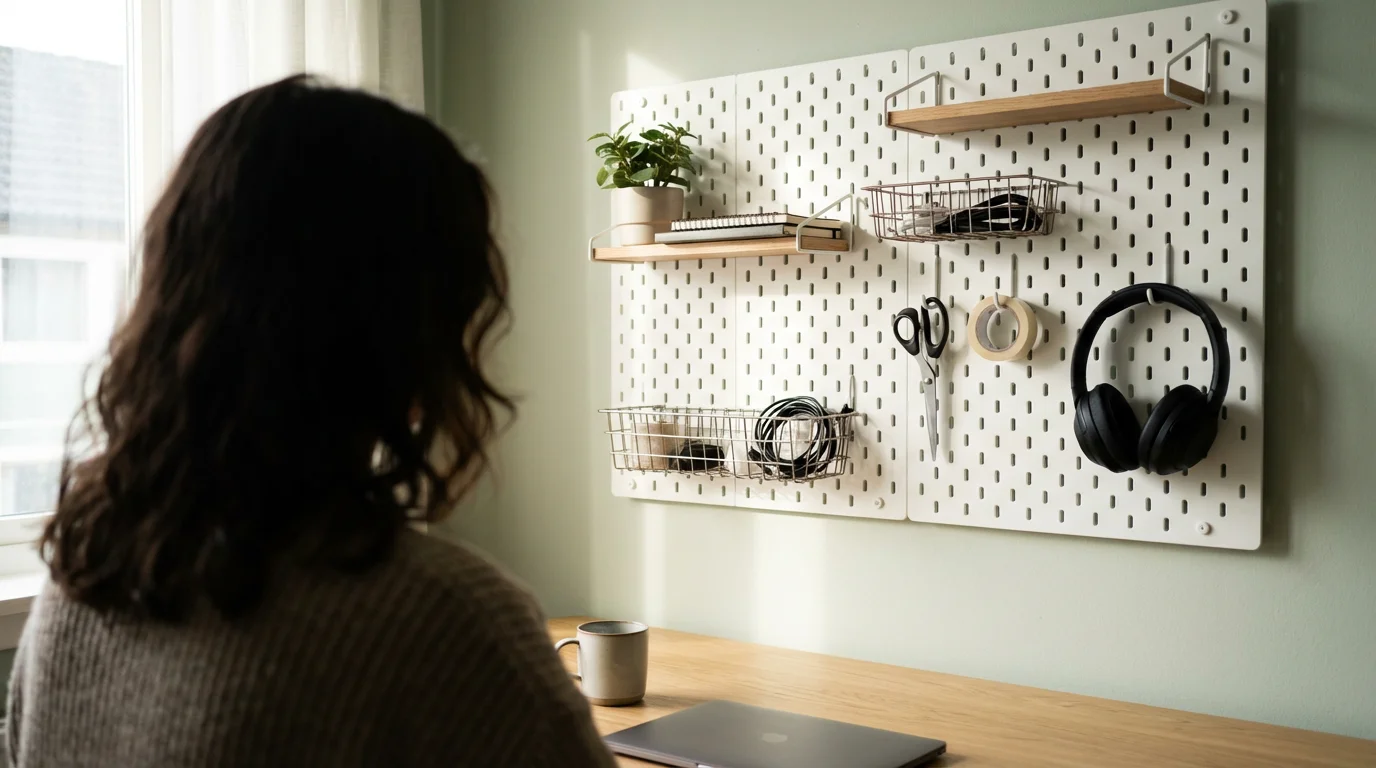 Over-the-shoulder view of organized home office with wall-mounted pegboard storage.