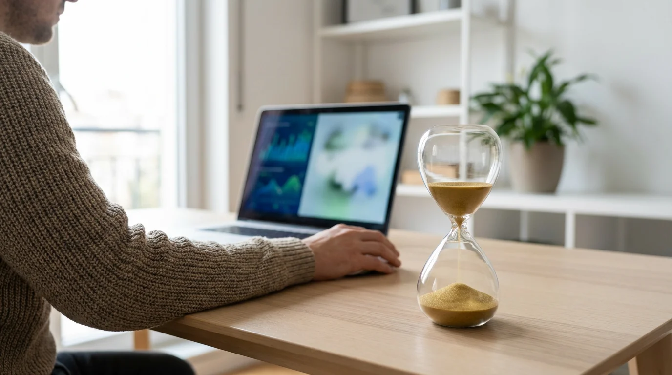 Over-the-shoulder view of person at desk with laptop and hourglass timer