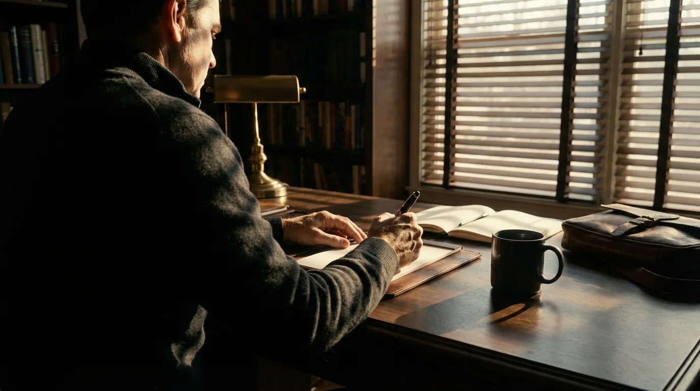 Over-the-shoulder view of person at desk with dramatic afternoon shadows and notebook.