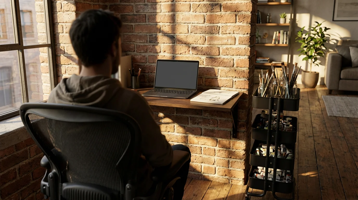 Over-the-shoulder view of person at space-saving floating desk in sunlit studio apartment.