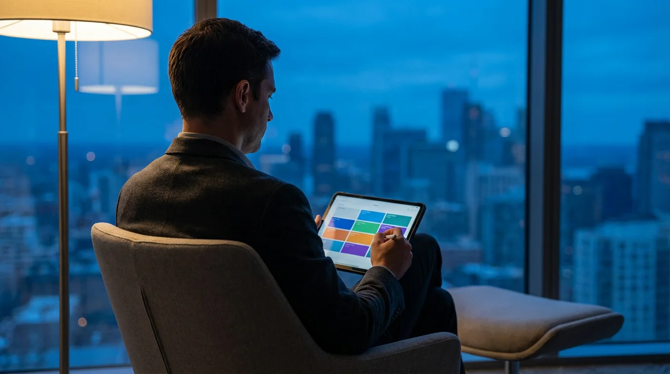 Over-the-shoulder view of person checking schedule on tablet against city skyline at twilight.