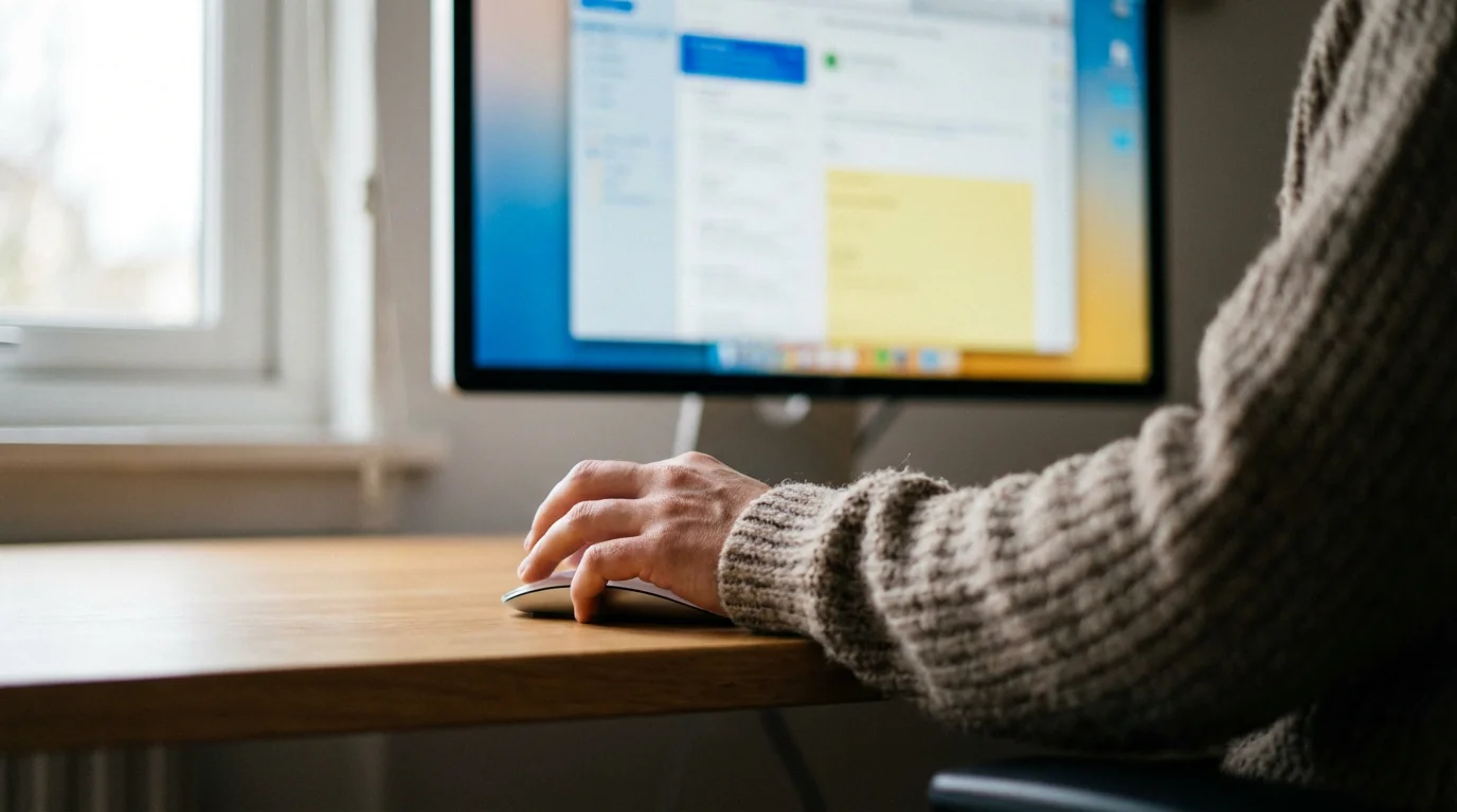 Over-the-shoulder view of person clicking mouse to declutter digital inbox in bright office.