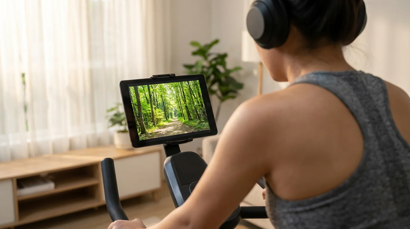 Over-the-shoulder view of person cycling indoors while watching tablet in soft morning light.