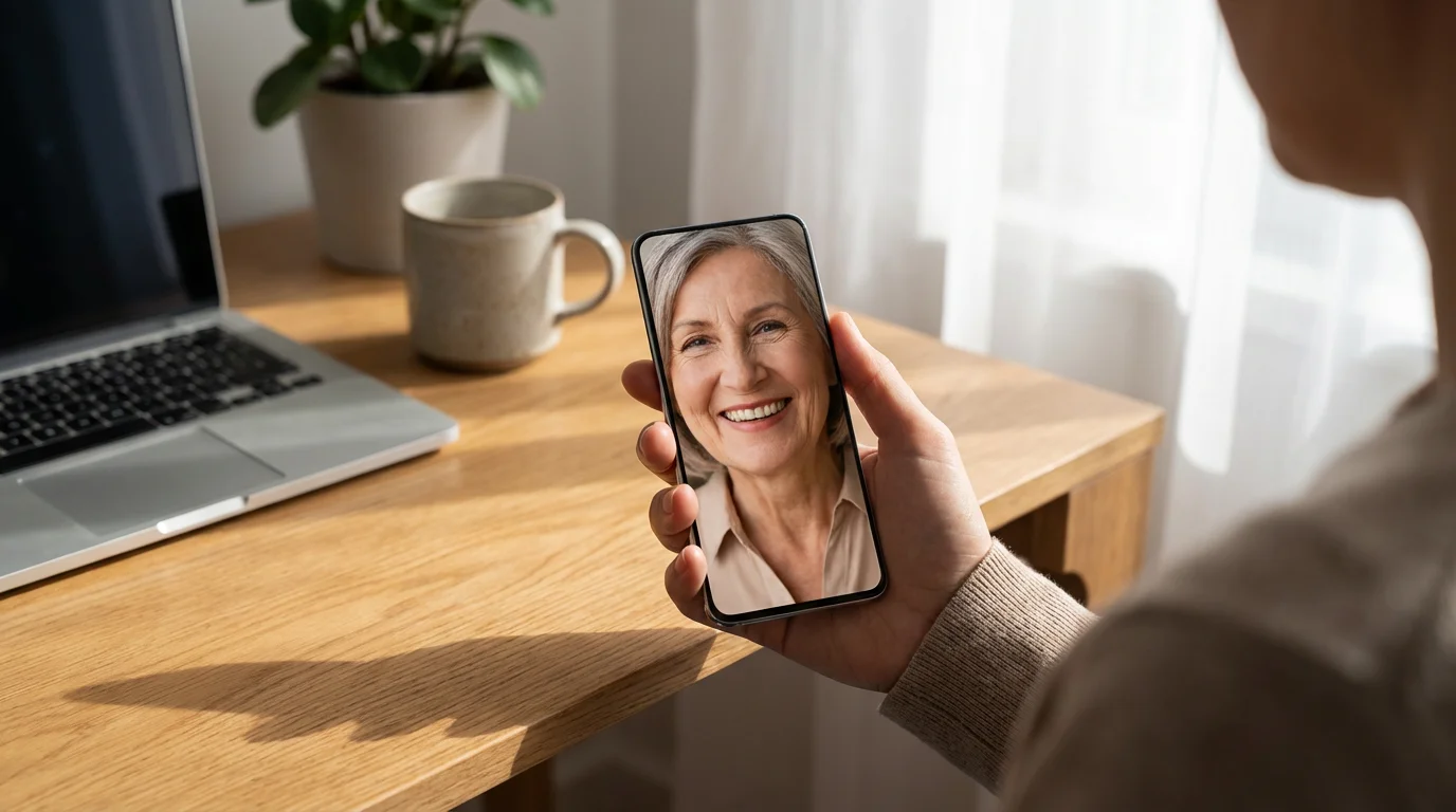 Over-the-shoulder view of person holding phone with family photo on screen at desk.