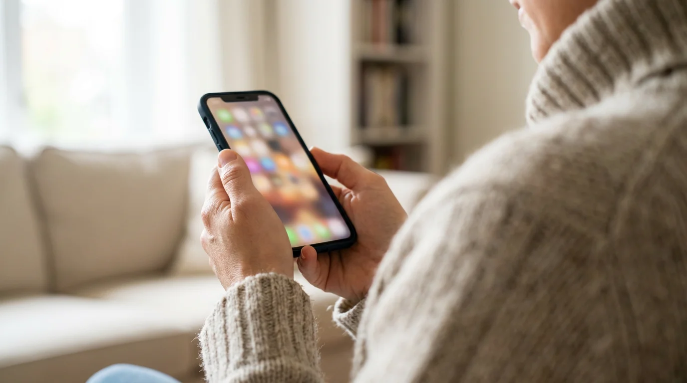 Over-the-shoulder view of person holding smartphone near window with natural light.