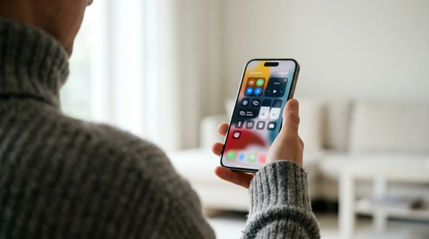 Over-the-shoulder view of person holding smartphone in bright room adjusting settings.