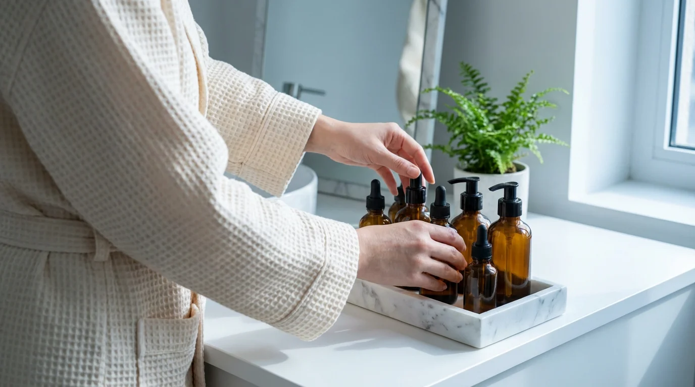 Over the shoulder view of person organizing bathroom vanity tray with amber bottles in natural light.
