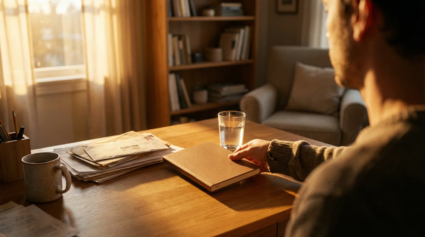 Over-the-shoulder view of person organizing desk workspace during golden hour for better focus.