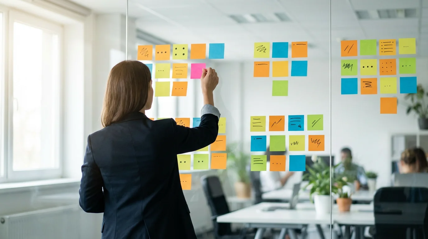 Over-the-shoulder view of person organizing sticky notes into four quadrants on a glass wall