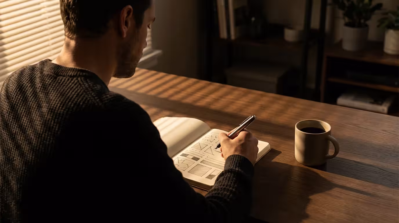 Over-the-shoulder view of person planning in notebook with dramatic afternoon shadows.