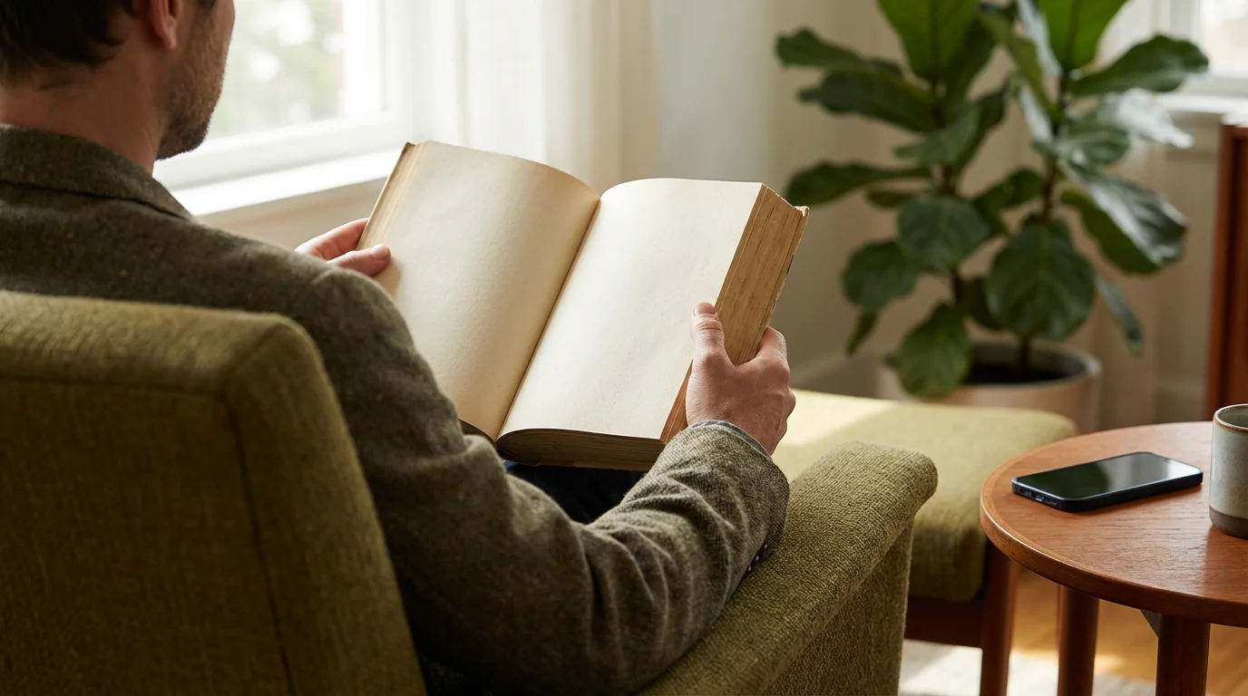Over-the-shoulder view of person reading a book with phone placed face down nearby.