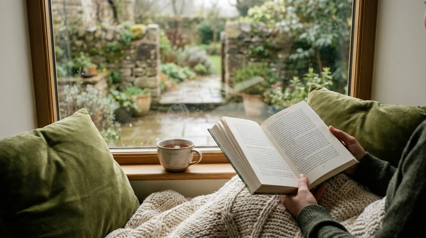 Over-the-shoulder view of person reading book in window seat, tech-free moment.
