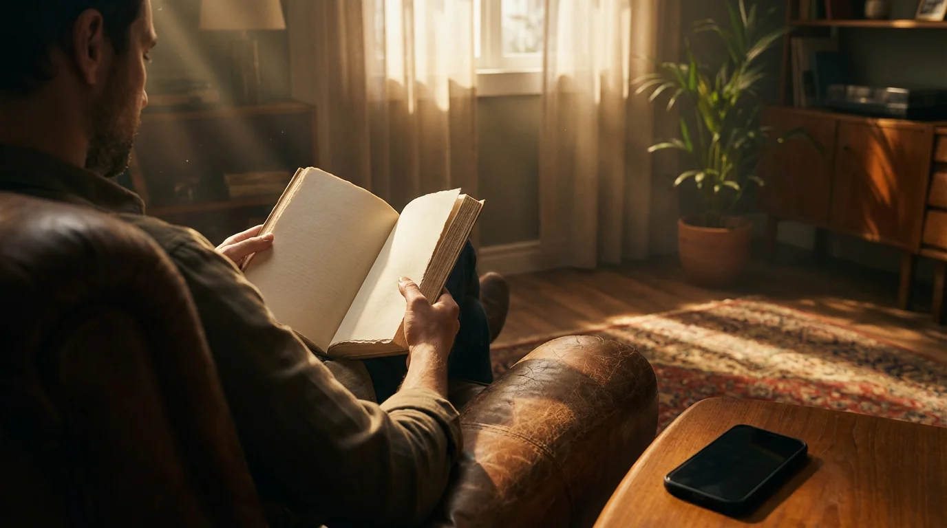 Over-the-shoulder view of person reading book with phone face down in moody afternoon light.