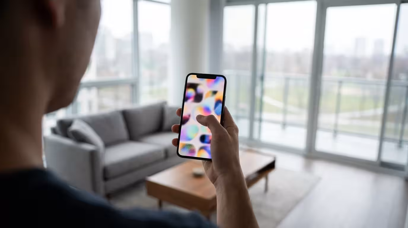 Over-the-shoulder view of person scrolling on smartphone with colorful abstract social feed.