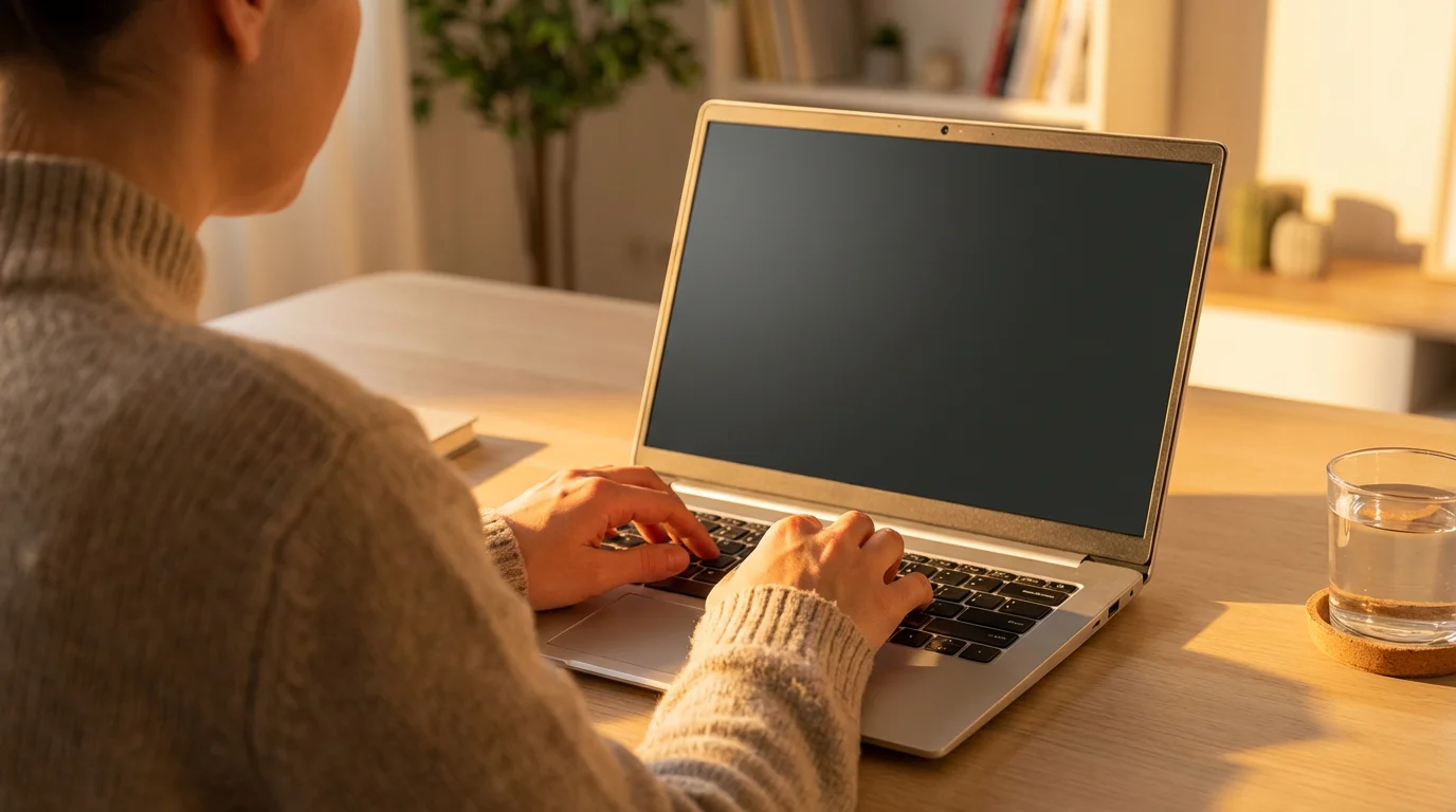 Over-the-shoulder view of person typing on laptop during golden hour productivity session.