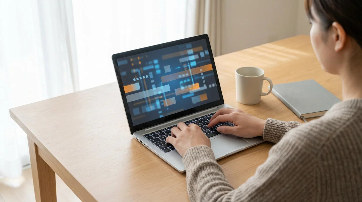 Over-the-shoulder view of person typing on laptop at tidy desk in soft natural light