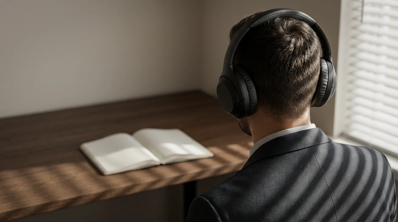 Over-the-shoulder view of person with noise-canceling headphones in a distraction-free minimalist workspace.
