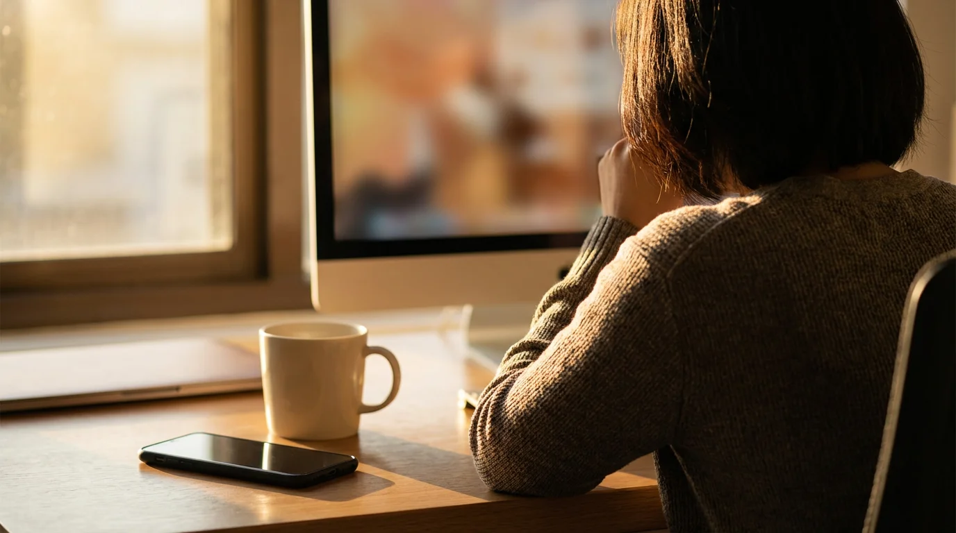 Over-the-shoulder view of person working with phone face down during golden hour.