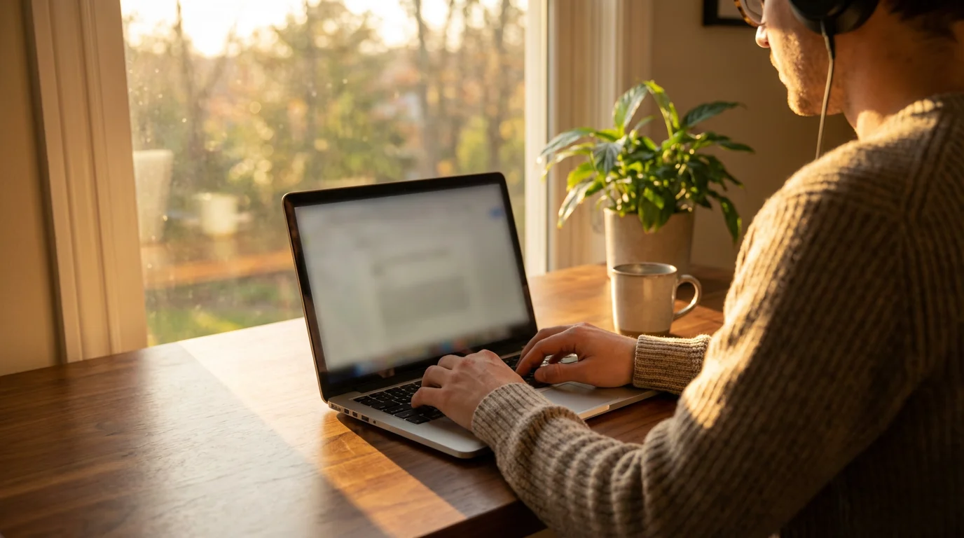 Over-the-shoulder view of person working at home office desk during golden hour sunset.