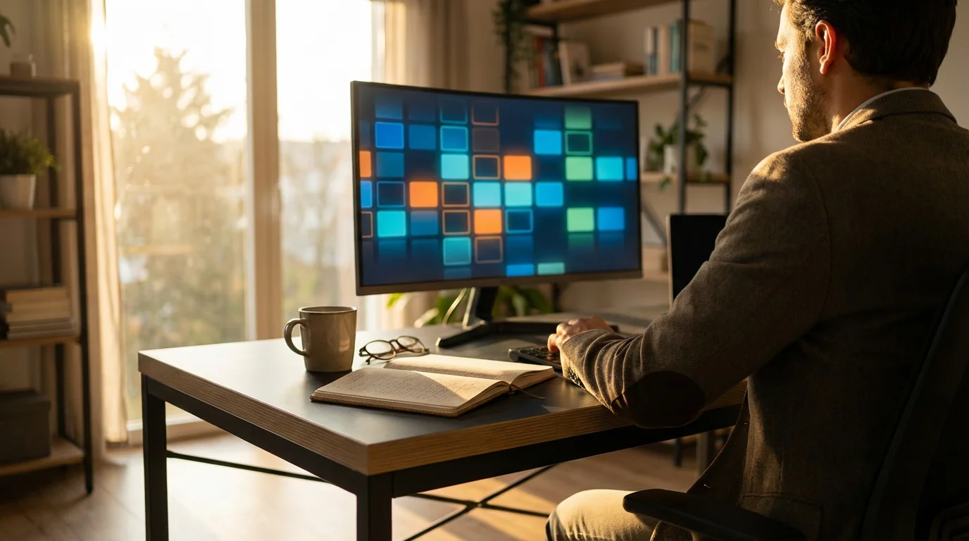 Over-the-shoulder view of professional at desk during golden hour sunset.