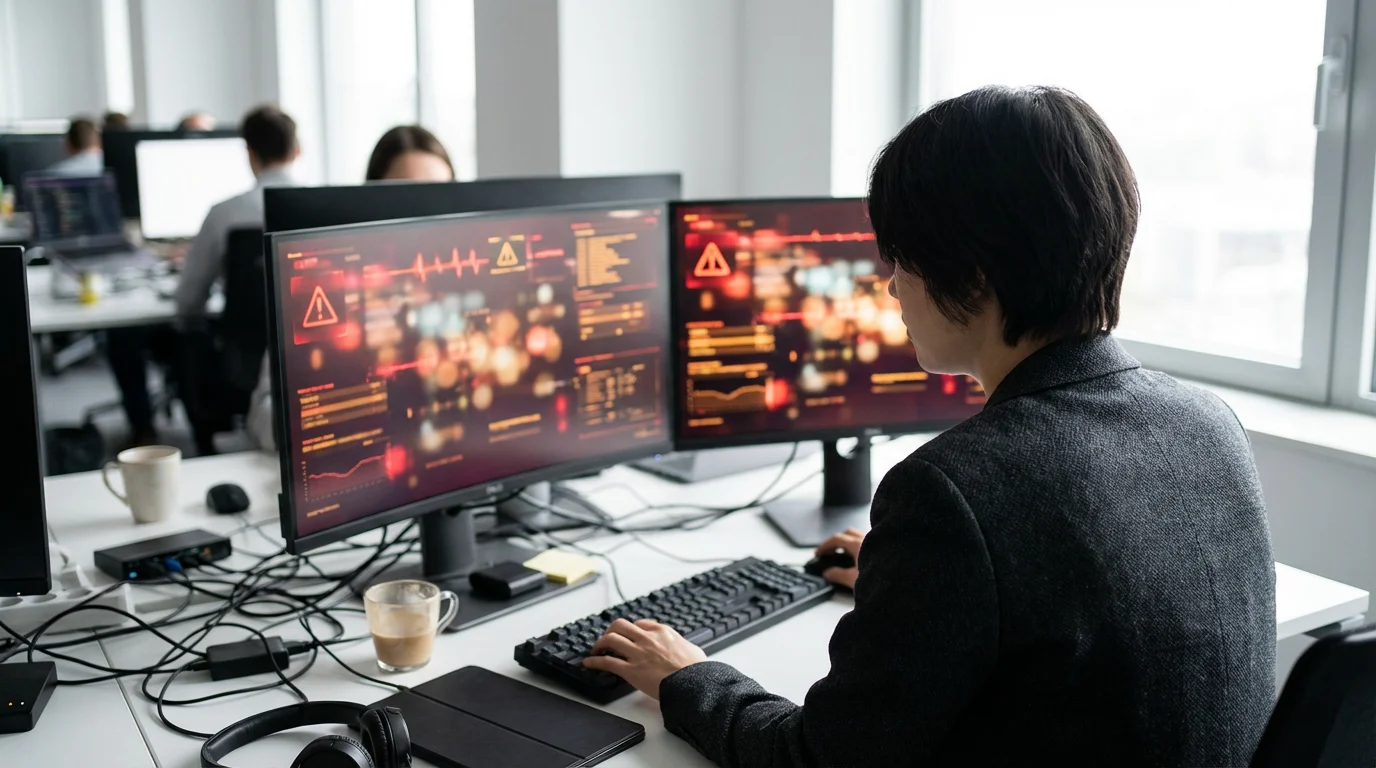 Over-the-shoulder view of professional handling urgent computer task in bright office.
