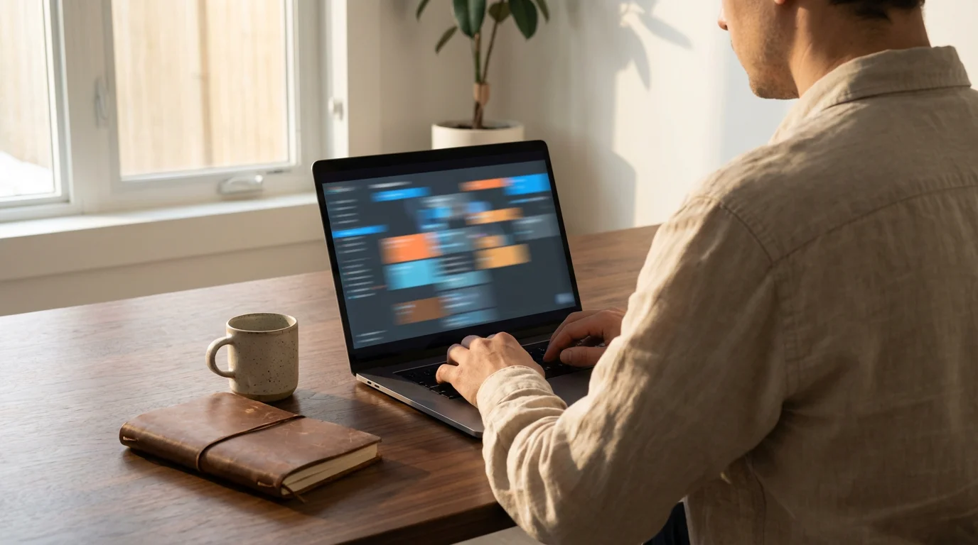 Over-the-shoulder view of professional working at a tidy desk with natural lighting.