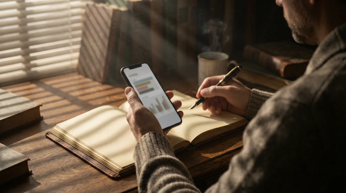 Over-the-shoulder view of someone comparing smartphone data with a physical journal in moody lighting.