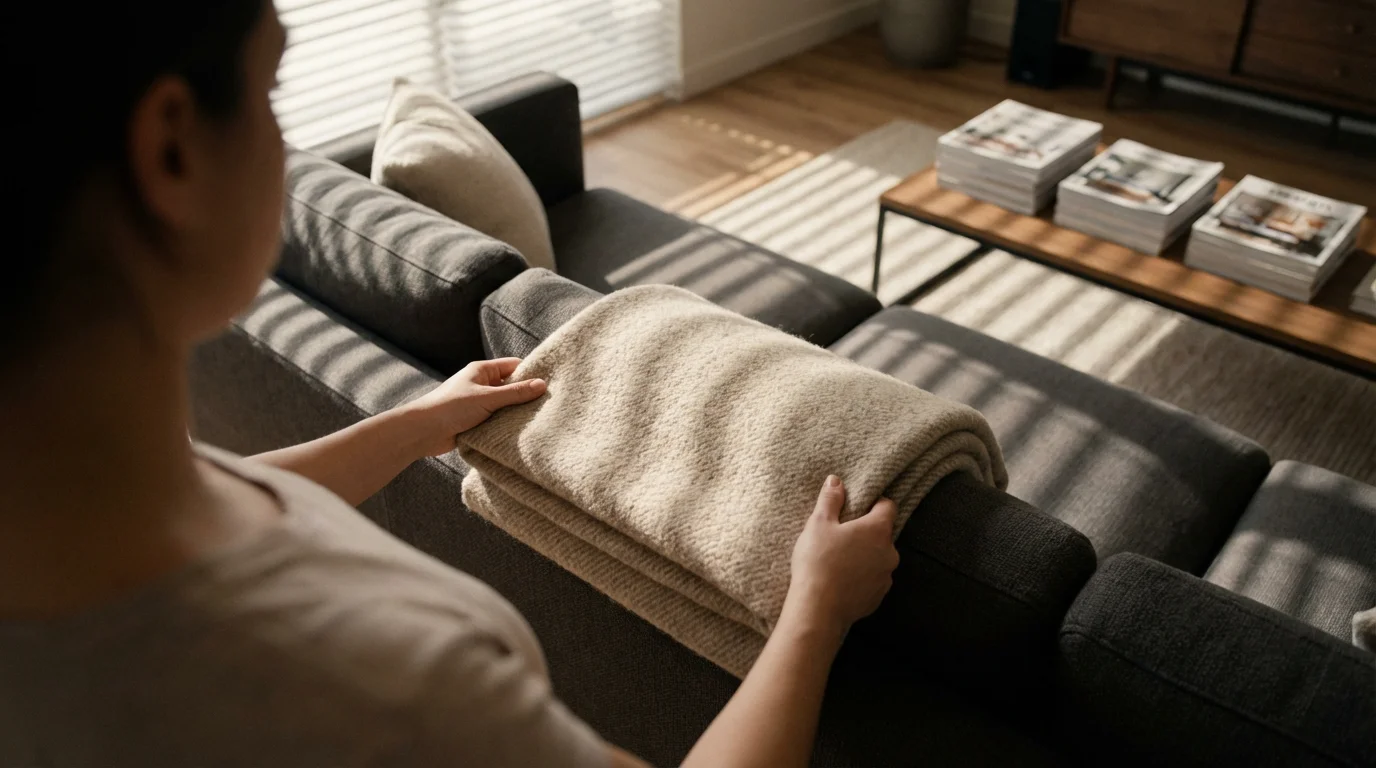 Over-the-shoulder view of someone folding a blanket on a sofa during an evening tidy.