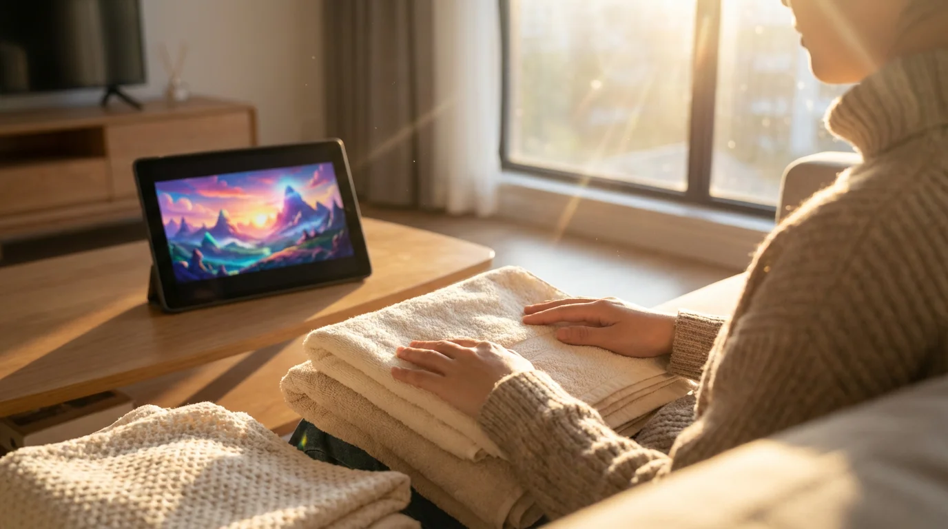 Over-the-shoulder view of someone folding laundry while watching a tablet during golden hour.