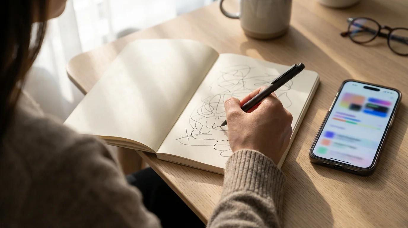 Over-the-shoulder view of someone tracking time with a notebook and phone in soft morning light.