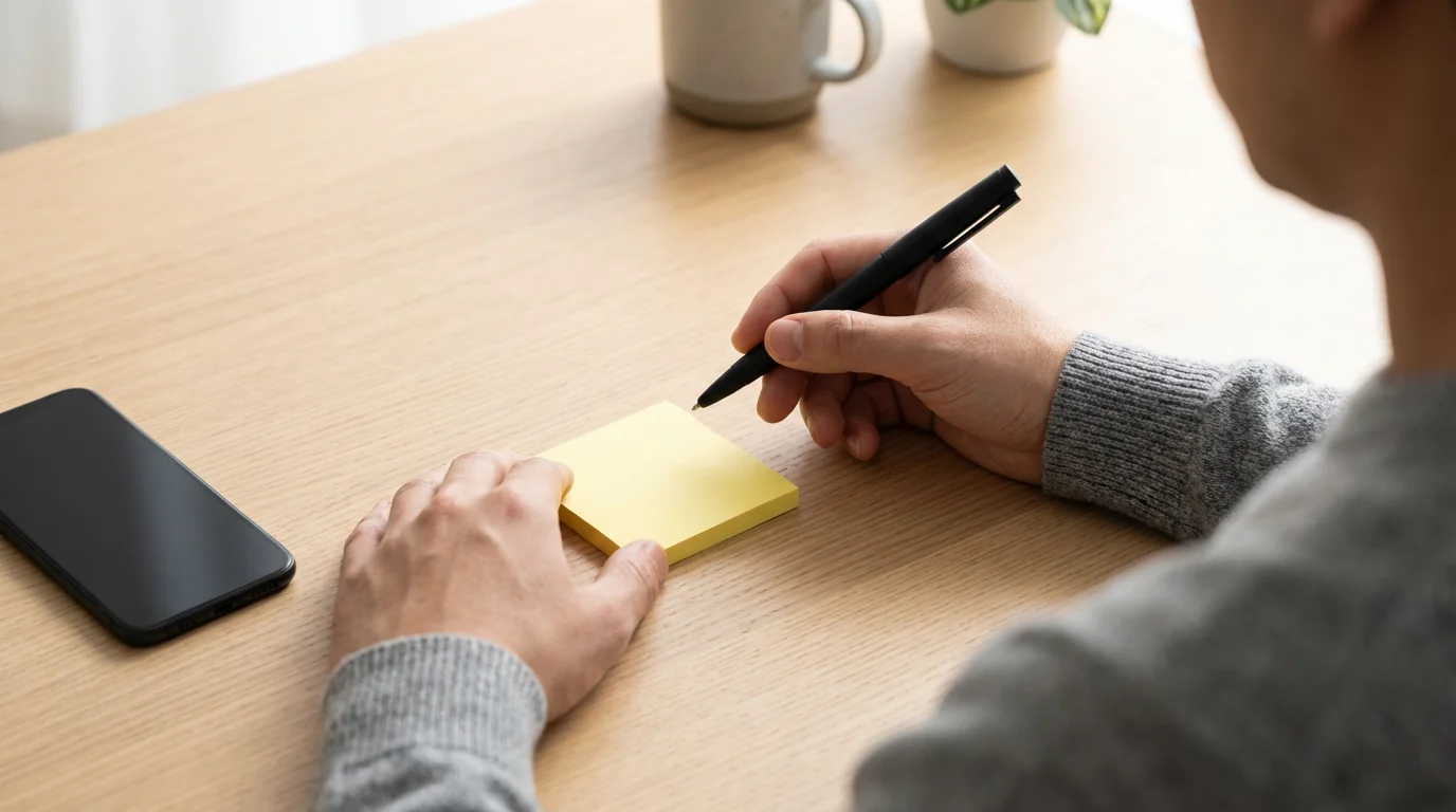 Over-the-shoulder view of someone writing a single task on a yellow sticky note before checking their smartphone.
