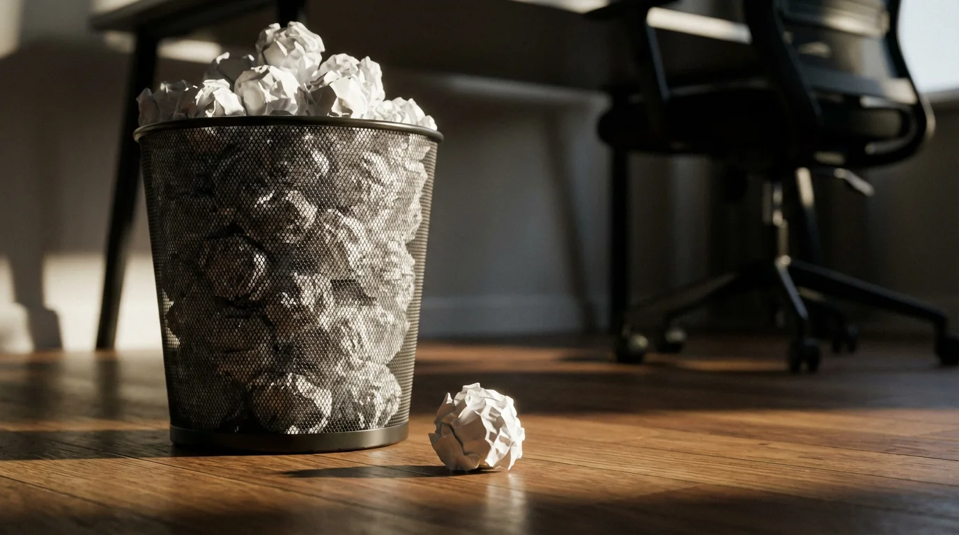 Overflowing wastebasket with crumpled paper on an office floor with dramatic afternoon shadows.