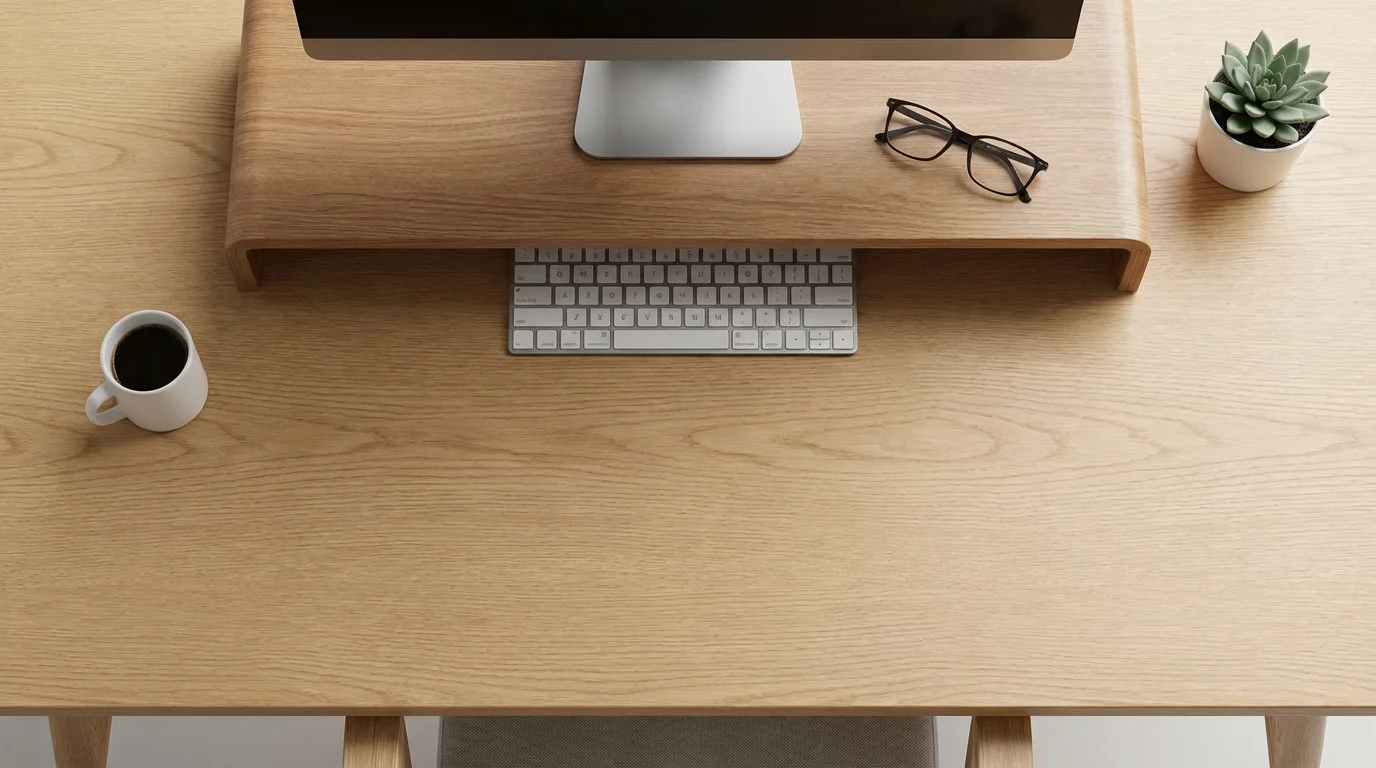 Overhead flat lay of clean desk with monitor riser and keyboard tucked underneath.