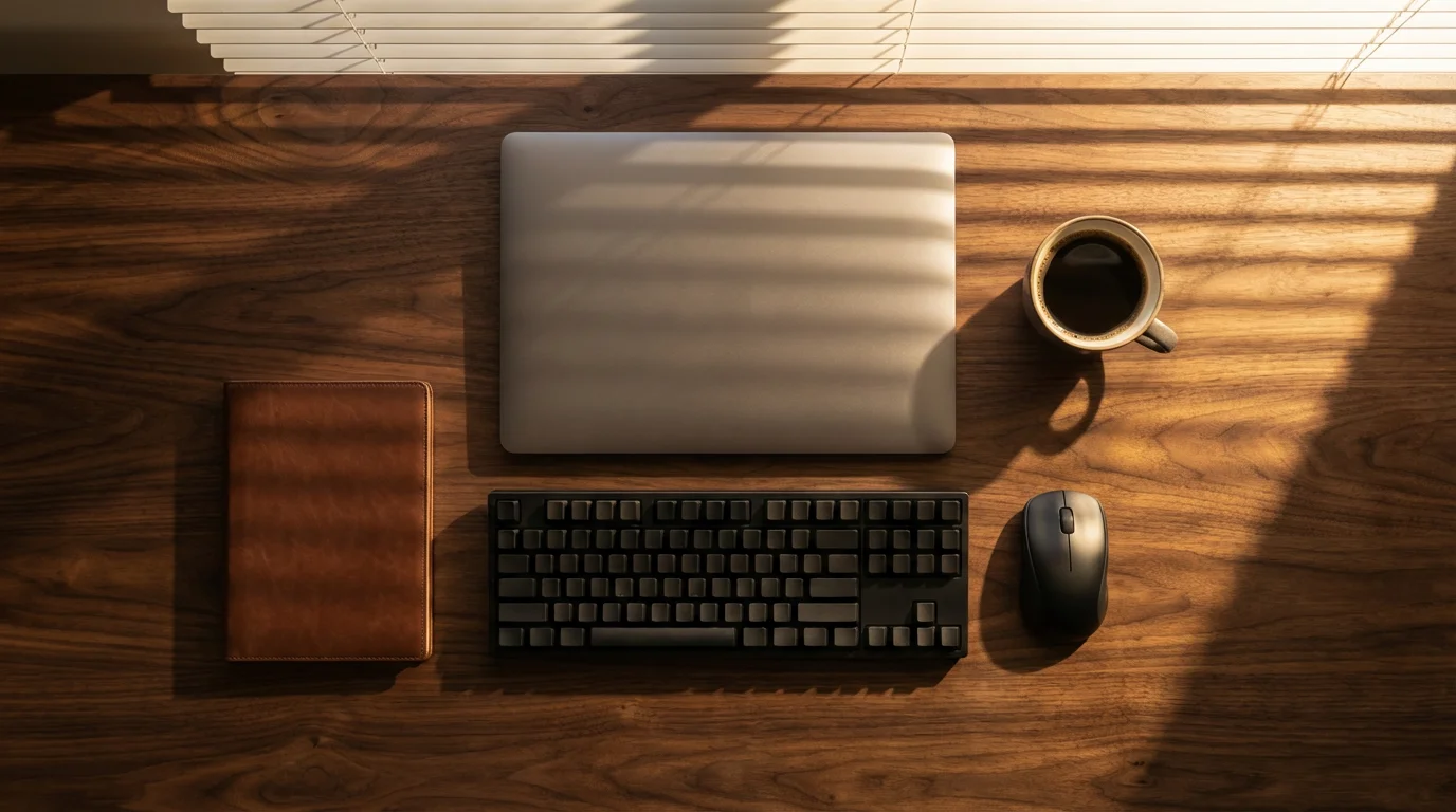Overhead flat lay of organized desk with laptop and notebook under dramatic afternoon shadows.