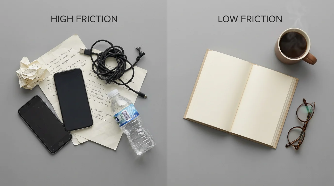 Overhead photo contrasting a cluttered, high-friction workspace with a clean, low-friction setup for reading.