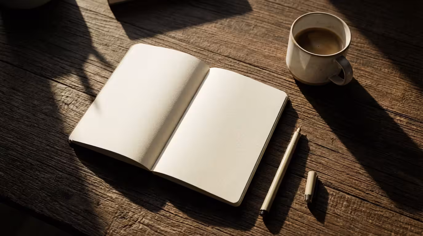 Overhead shot of a blank notebook and cold coffee on a desk with dramatic shadows