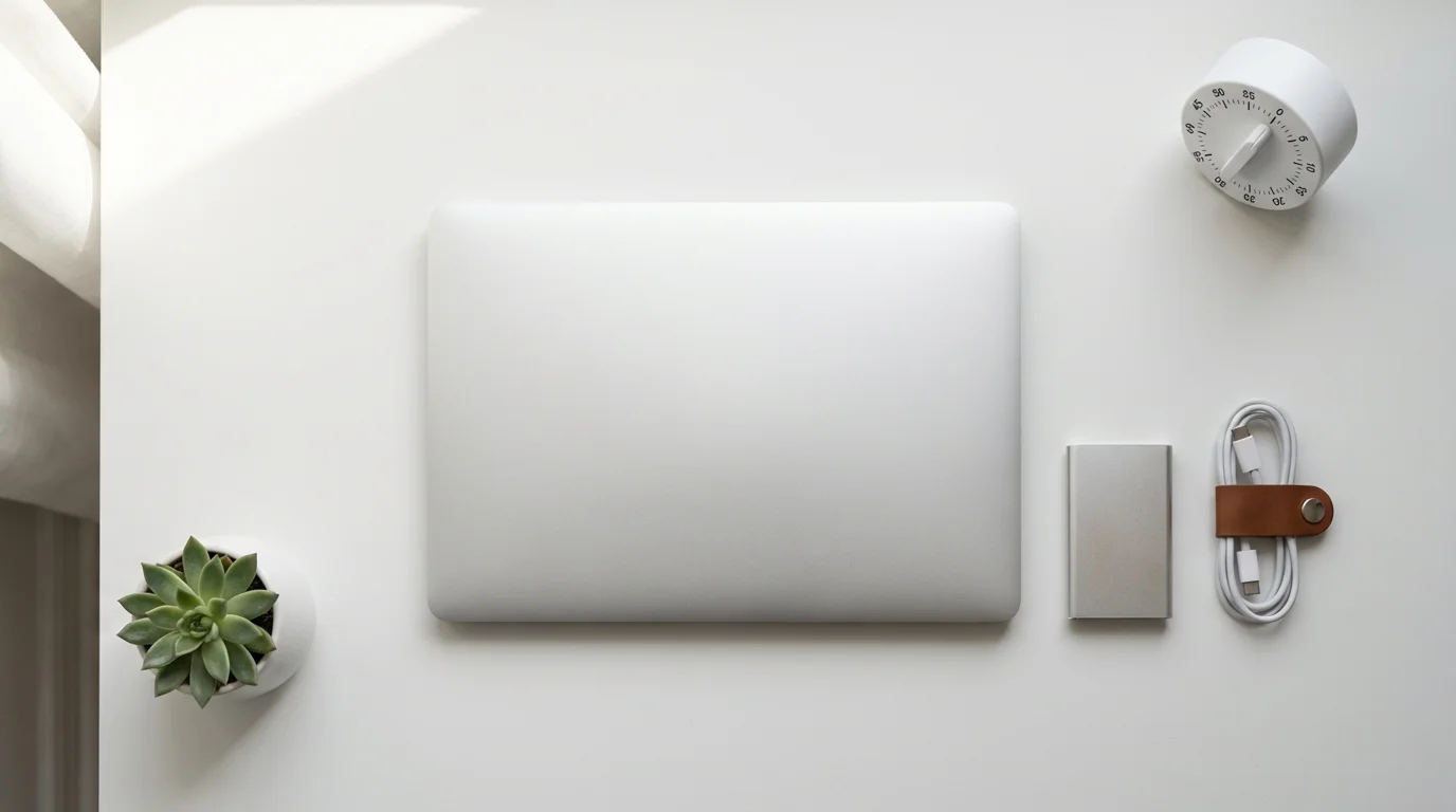 Overhead shot of minimalist desk with closed laptop, hard drive, and organized tech accessories.