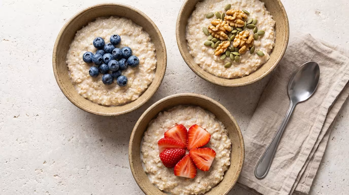 Overhead shot of three oatmeal bowls with different fruit and nut toppings on stone table.