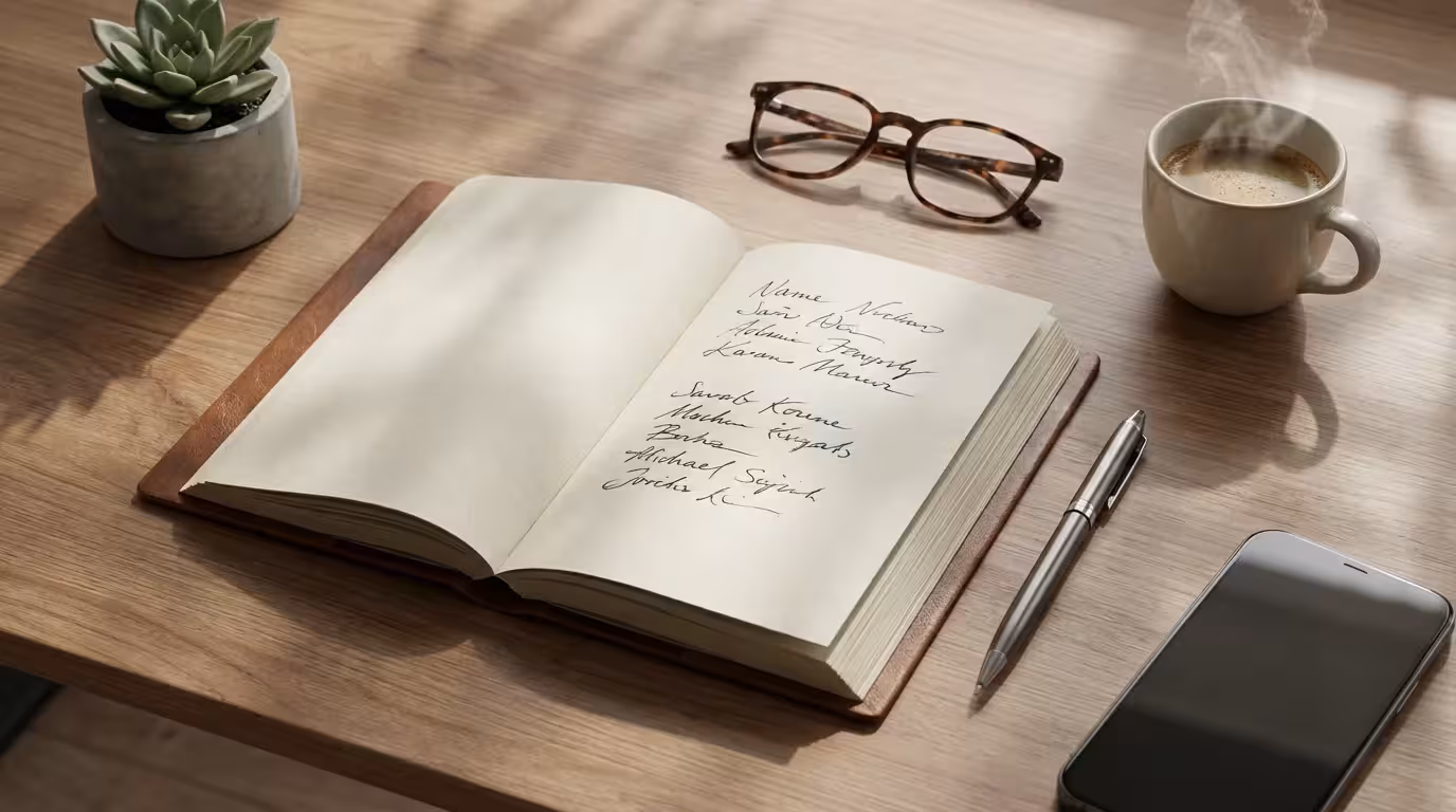 Overhead view of a desk with a notebook, pen, and coffee representing strategic planning.