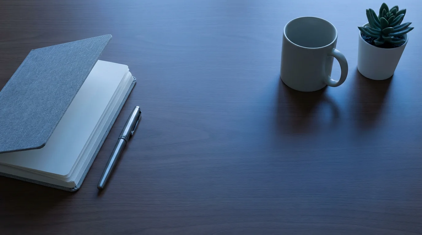 Overhead view of a minimalist, decluttered desk workspace with cool blue evening lighting.