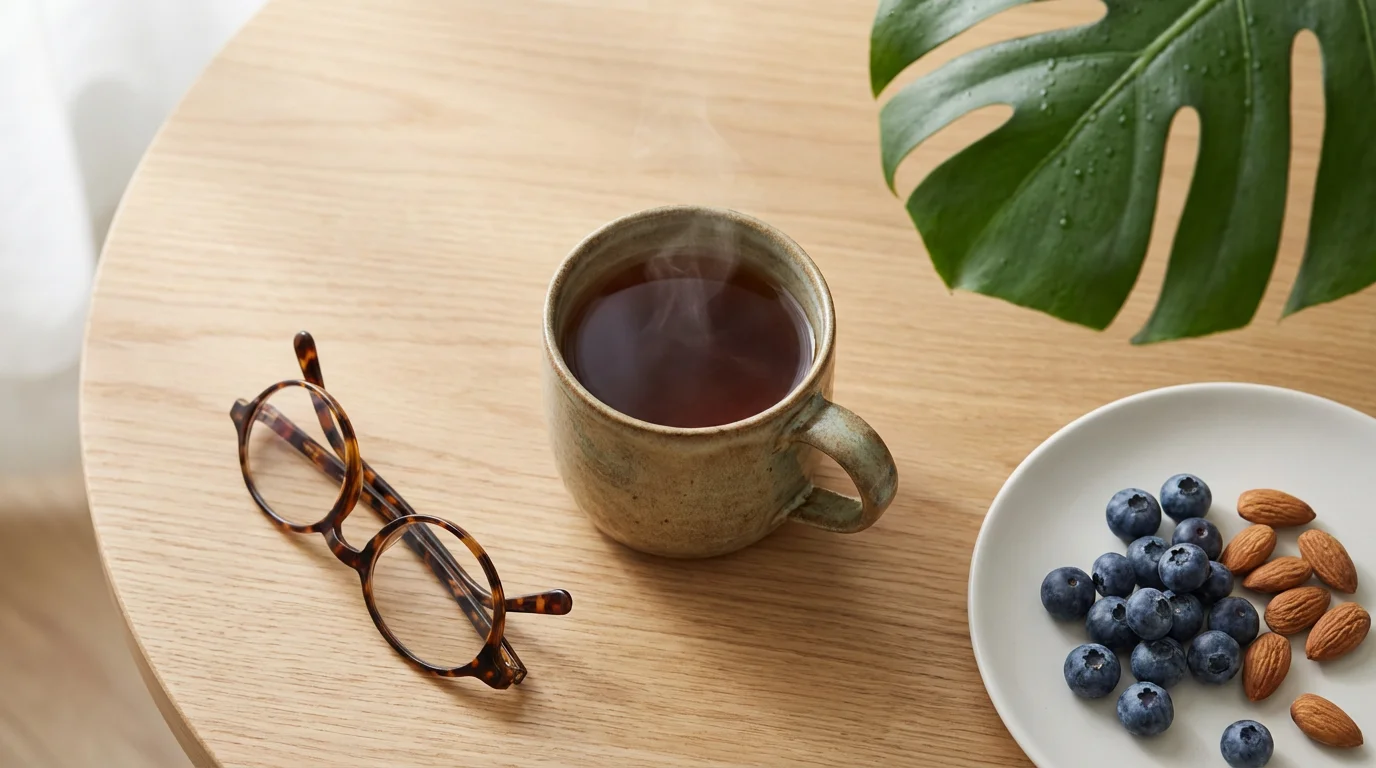 Overhead view of a tea cup and folded glasses on a desk symbolizing a work break