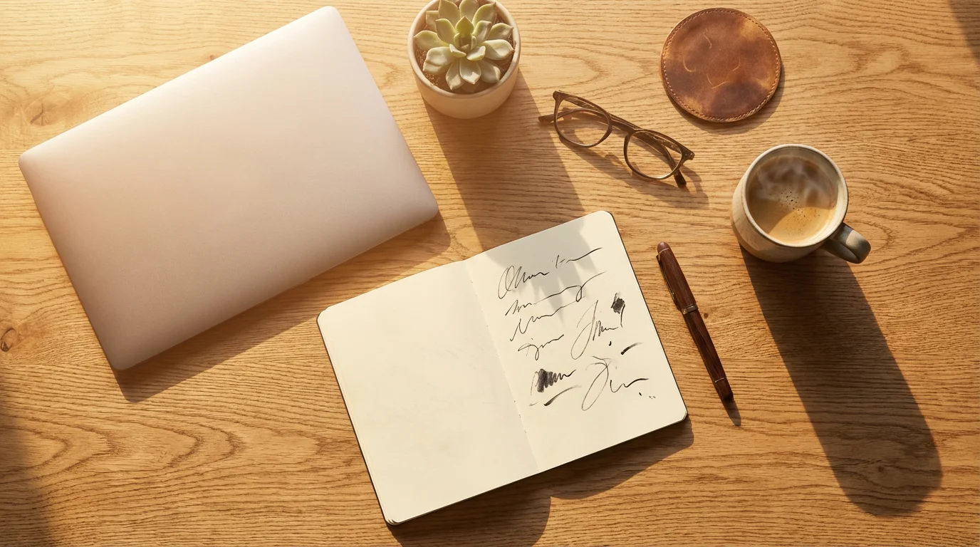 Overhead view of a tidy wooden desk with a notebook and coffee in golden sunlight.