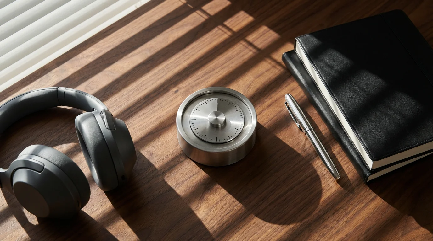 Overhead view of desk with timer, notebook, and headphones in dramatic afternoon shadow patterns