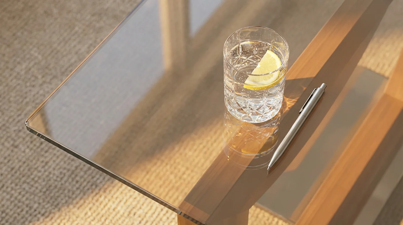 Overhead view of glass meeting table with sparkling water and pen in golden light