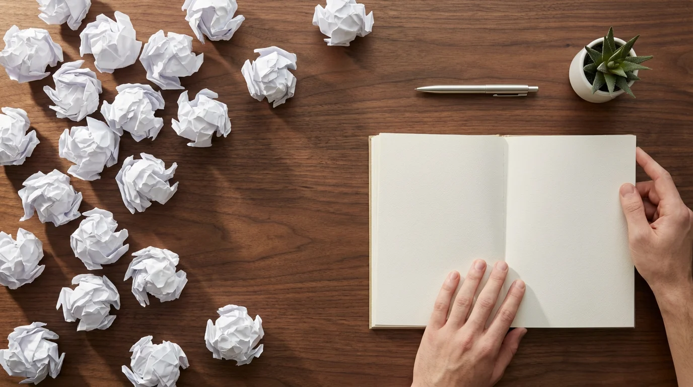 Overhead view of hands at a desk with crumpled paper balls and a blank notebook.